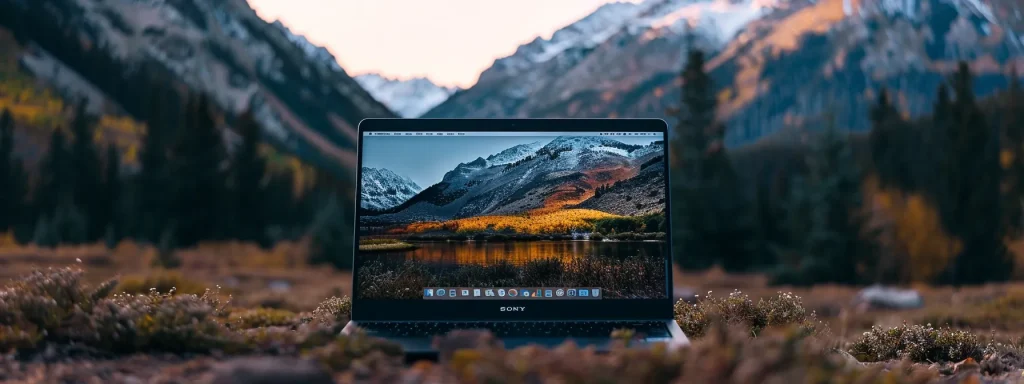 a laptop with a mountain landscape as a desktop background, showcasing a perfectly structured url for an outdoor gear website.