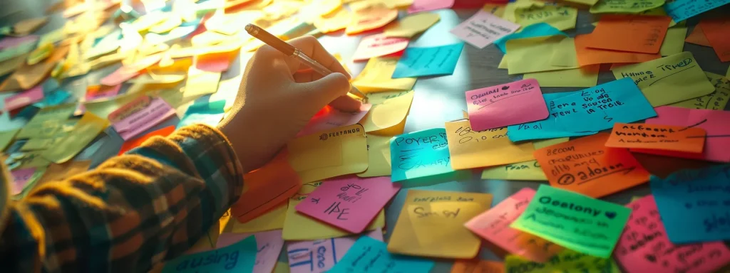 a person writing keywords on colorful post-it notes scattered around a brainstorming board.