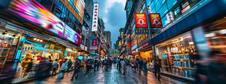 a bustling city street with vibrant mobile-friendly websites displayed on various storefront windows.