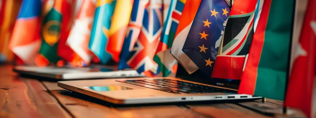 a laptop surrounded by diverse and colorful international flags as the background, symbolizing effective global link building to boost website ranks.