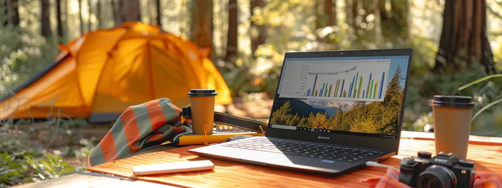 a laptop surrounded by vibrant, engaging outdoor adventure photos and detailed analytics charts, reflecting the power of content marketing for an rei site.