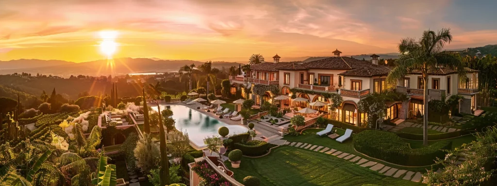 a luxurious mansion glowing under the golden sunset, surrounded by lush green gardens and a sparkling pool.