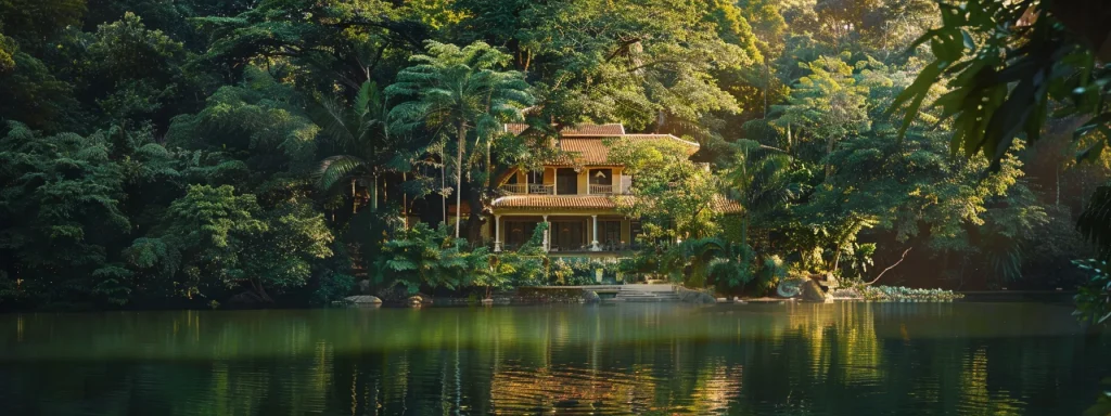 a luxurious mansion hidden away in a lush forest, surrounded by a serene lake, offering a secluded escape for those seeking exclusive real estate opportunities.