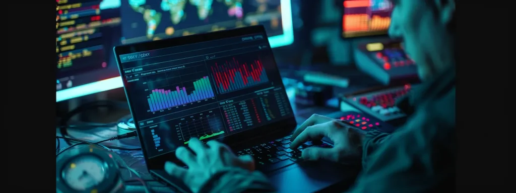 a person analyzing a digital seo report on a laptop, with colorful charts and graphs displayed on the screen.