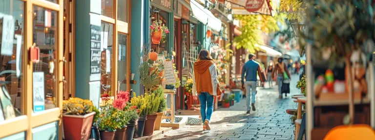 a small business owner optimizing their storefront with local seo tactics, updating their listing on a vibrant street filled with bustling activity and colorful storefronts.