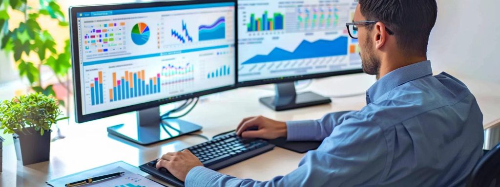 a focused seo specialist typing furiously at a sleek, modern computer desk with multiple screens displaying analytical data and colorful graphs.