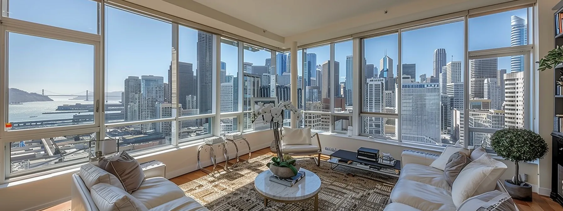 a modern, stylish living room with large windows showcasing city views, highlighting the unique selling points of a property on a real estate landing page. a modern, stylish living room with large windows showcasing city views, highlighting the unique selling points of a property on a real estate landing page.