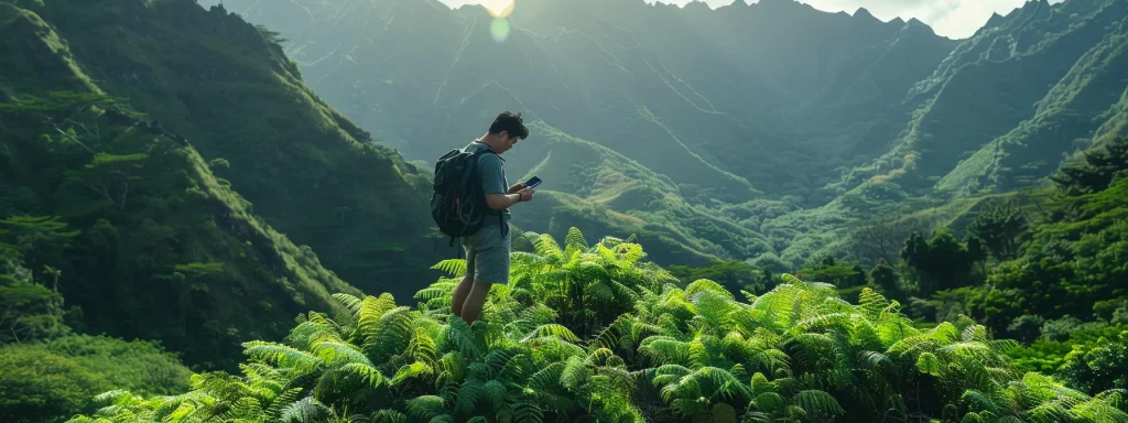 a hiker surrounded by lush green mountains, using a smartphone to research local seo keywords for their rei business success.