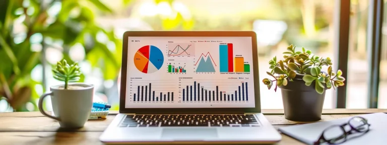 a laptop displaying a website analytics dashboard with colorful charts and graphs showing improvement in search engine rankings.