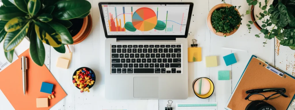 a laptop screen displaying a colorful graph of keyword rankings on a white desk with seo tools scattered around.