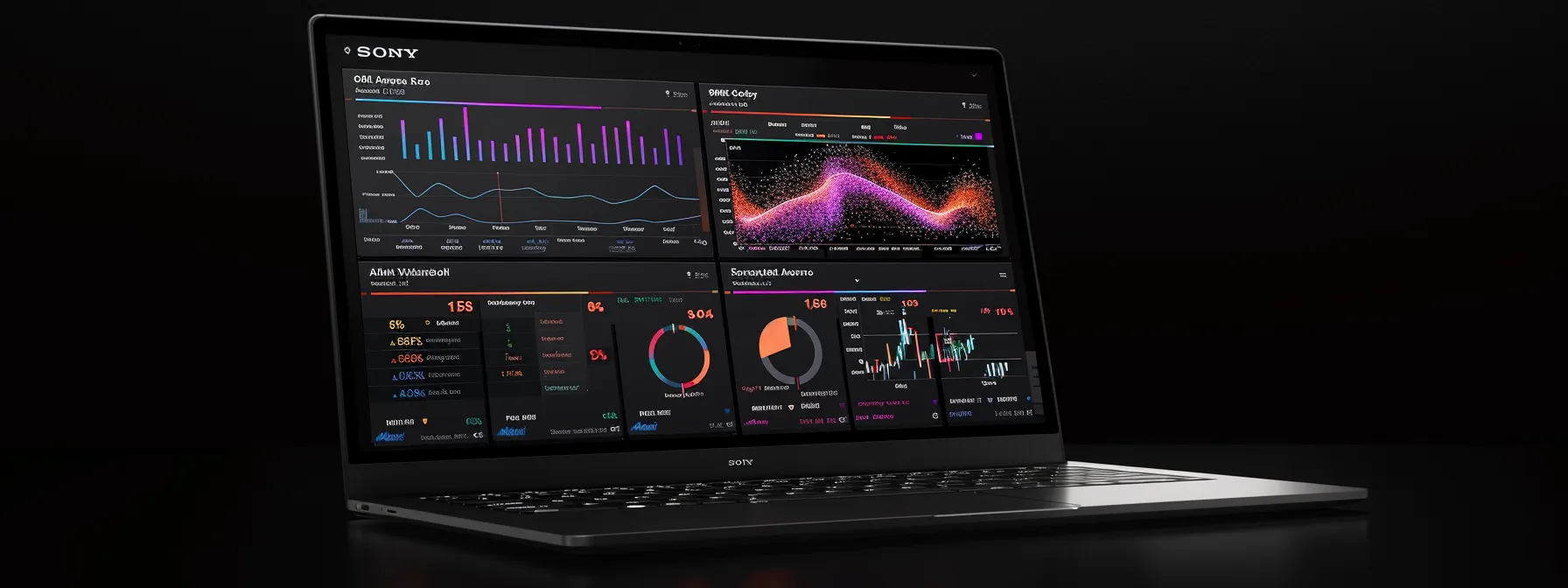 a laptop screen displaying detailed competitor profiles with colorful graphs and charts showing search engine performance and social media analytics. a laptop screen displaying detailed competitor profiles with colorful graphs and charts showing search engine performance and social media analytics.