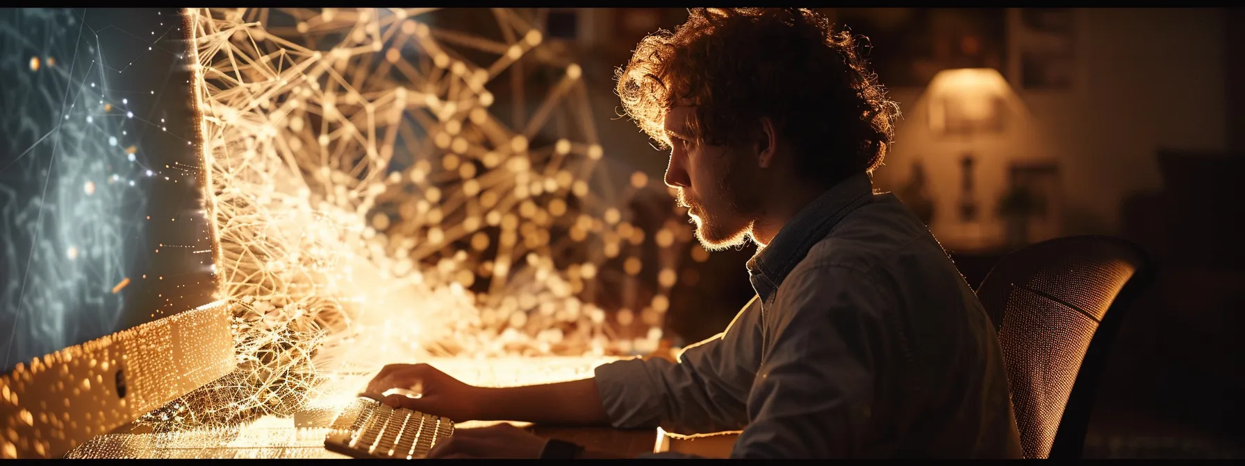 a person analyzing a web of intricate, interconnected lines representing competitor backlinks and authority signals on a computer screen. a person analyzing a web of intricate, interconnected lines representing competitor backlinks and authority signals on a computer screen.