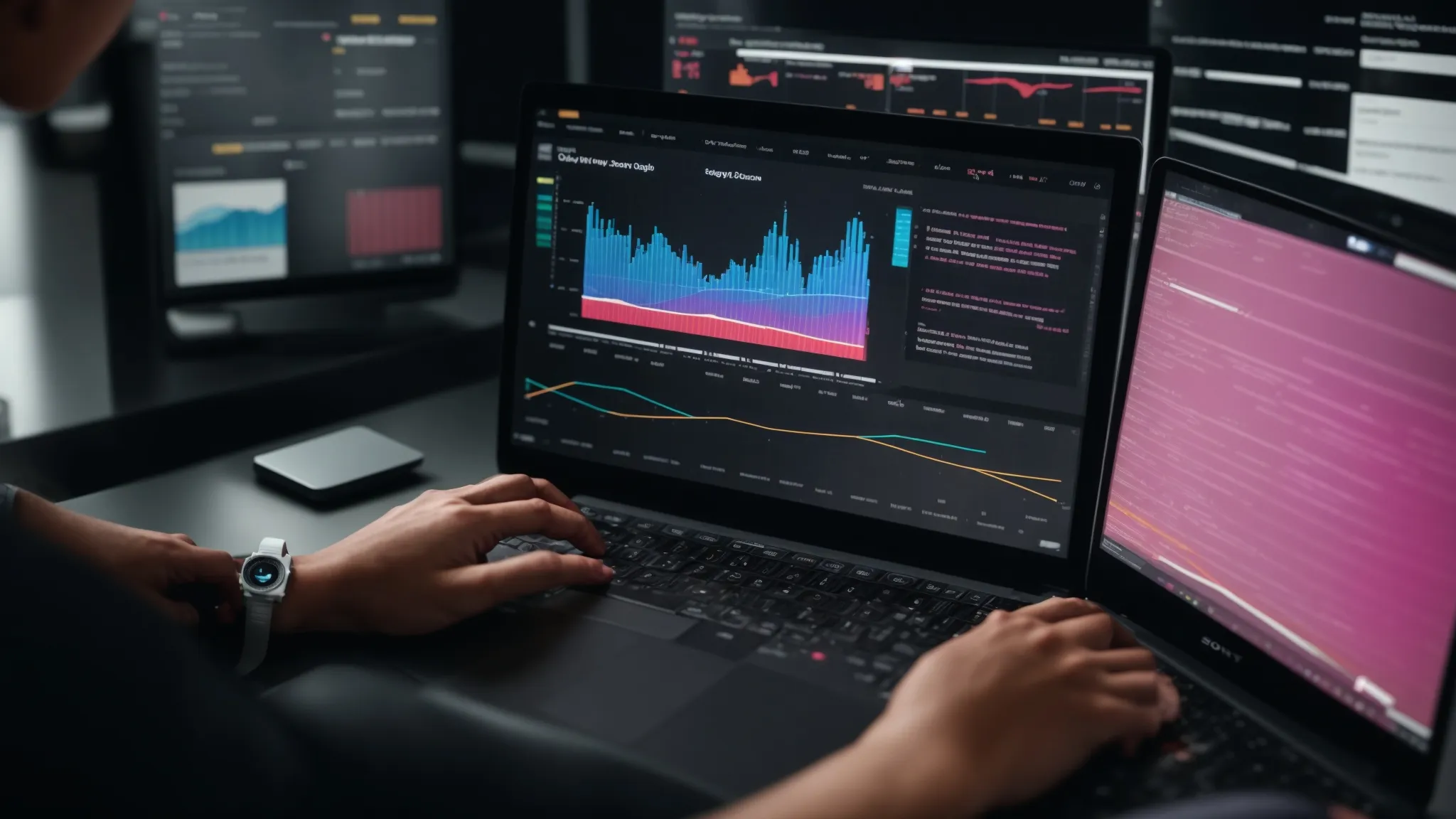 a person typing on a sleek laptop, surrounded by colorful graphs and charts on a large screen, showcasing the process of transforming analysis into actionable reports for seo strategy enhancement. a person typing on a sleek laptop, surrounded by colorful graphs and charts on a large screen, showcasing the process of transforming analysis into actionable reports for seo strategy enhancement.