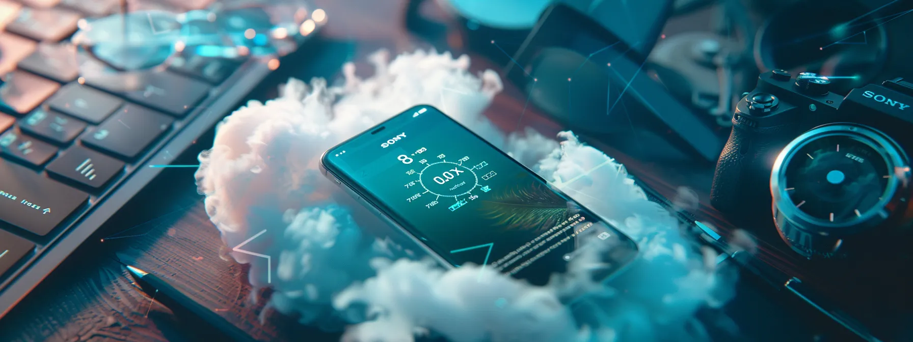 a phone placed on a stopwatch with a speedometer showing fast loading speed, surrounded by lightweight website elements like clouds and feathers. a phone placed on a stopwatch with a speedometer showing fast loading speed, surrounded by lightweight website elements like clouds and feathers.