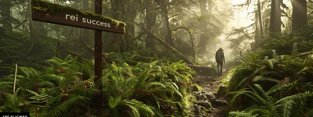 a hiker discovering a hidden trail in a lush forest with a signpost pointing to "rei success" using long-tail keywords.