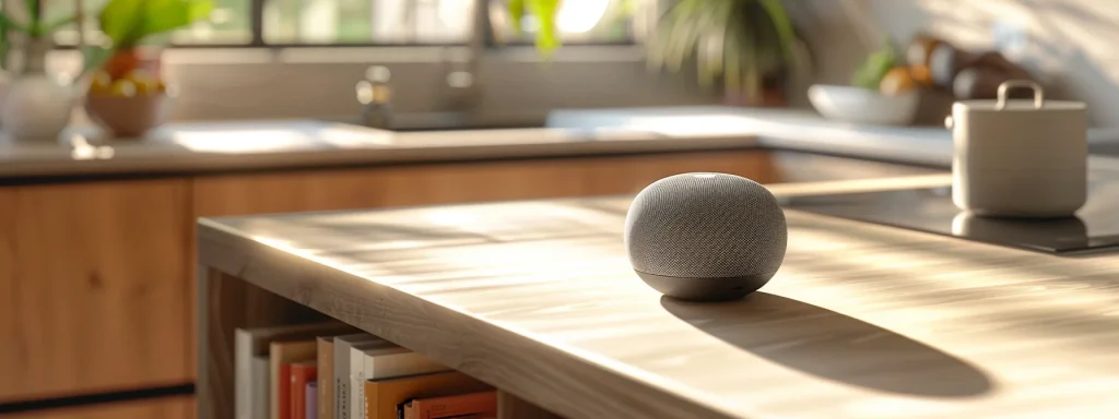 in a modern kitchen, a sleek, voice-activated smart speaker sits on the countertop, ready to assist.