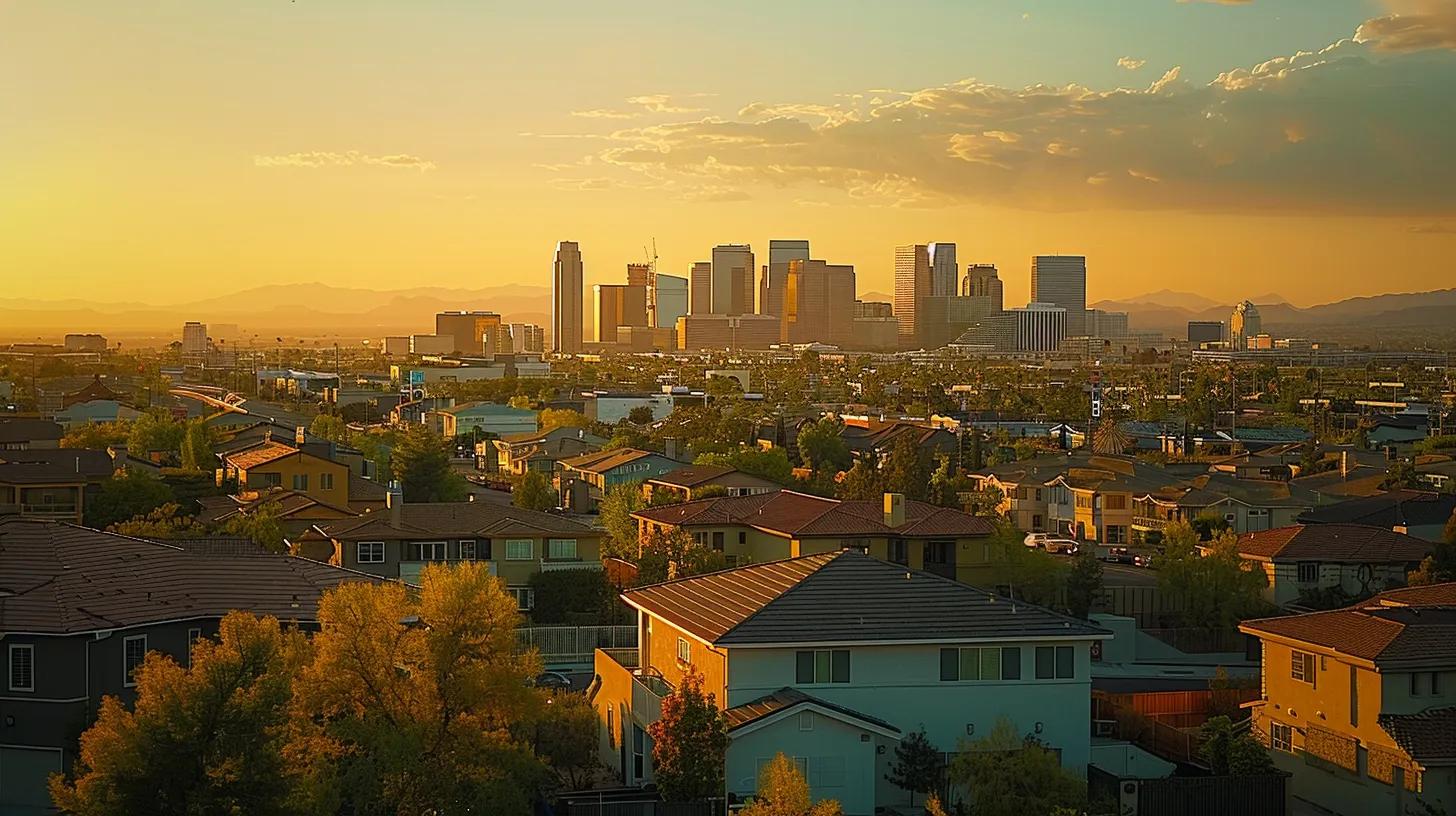 a captivating urban skyline at sunset glows with the promise of prosperity, symbolizing the wealth generated through long-term investment properties, while golden light cascades over modern buildings and a thriving neighborhood below.