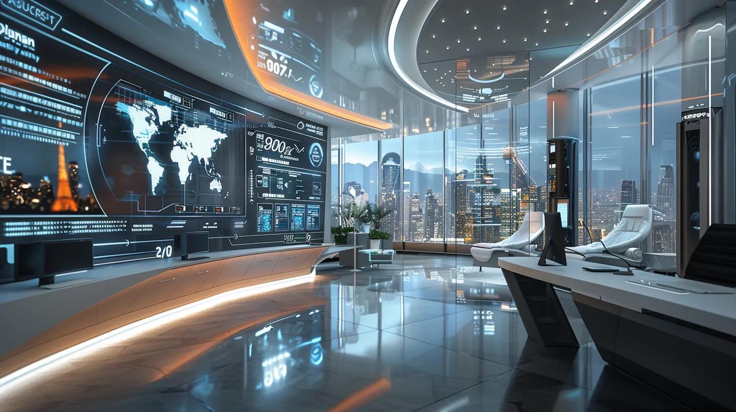 a futuristic real estate office featuring a sleek digital interface, brightly illuminated screens displaying customer data and properties, with engaging visuals of chatbots and social media interactions enhancing the atmosphere of modern customer service innovation.