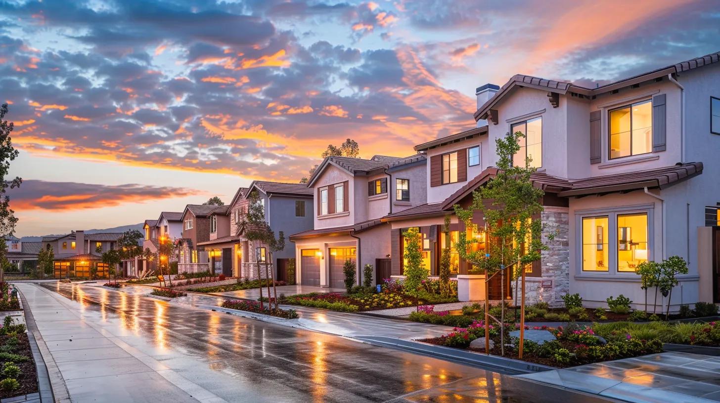 a luminous sunset casts a warm glow over a serene suburban neighborhood, highlighting a row of charming houses, symbolizing the potential for wealth growth through real estate investments.