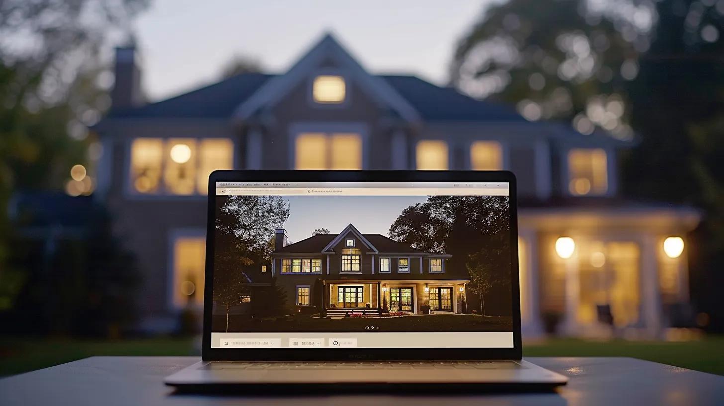 a modern real estate website displayed on a sleek laptop, showcasing a clean, transparent layout adorned with professional photography, glowing client testimonials, and prominently featured certifications under soft, inviting lighting. a modern real estate website displayed on a sleek laptop, showcasing a clean, transparent layout adorned with professional photography, glowing client testimonials, and prominently featured certifications under soft, inviting lighting.