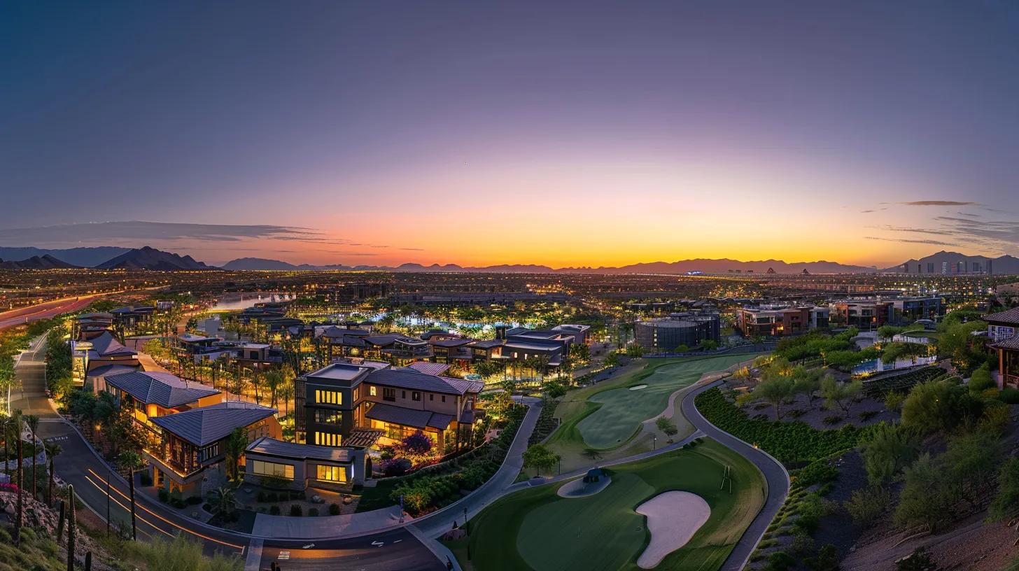 a panoramic view of a thriving real estate development under a vibrant sunset, showcasing diverse properties with lush landscapes, symbolizing the growth and potential of long-term investment equity.