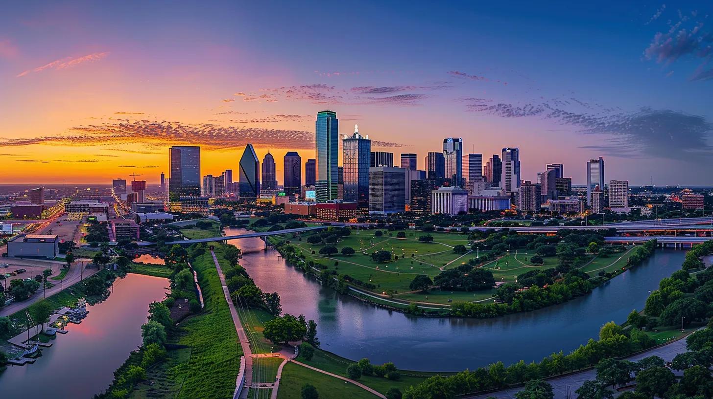 a panoramic view of a thriving city skyline at sunset, symbolizing long-term real estate investment, with vibrant colors reflecting off modern high-rises, showcasing prosperity and growth in wealth-building.