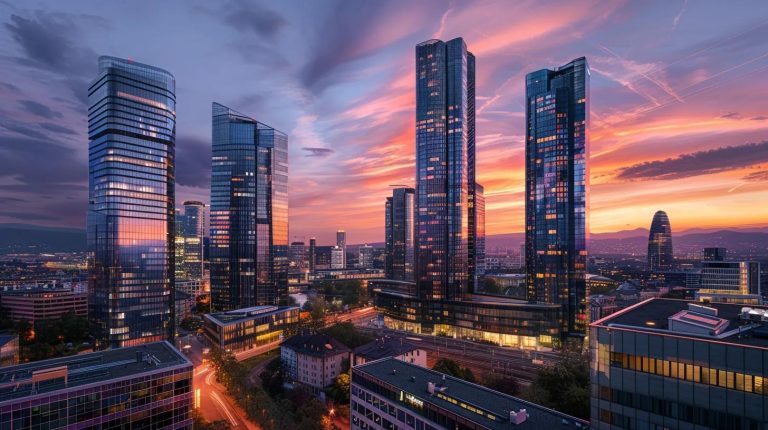 a panoramic view of a modern city skyline at sunset, with gleaming skyscrapers reflecting vibrant hues of orange and pink, symbolizing the dynamic potential of the real estate market.