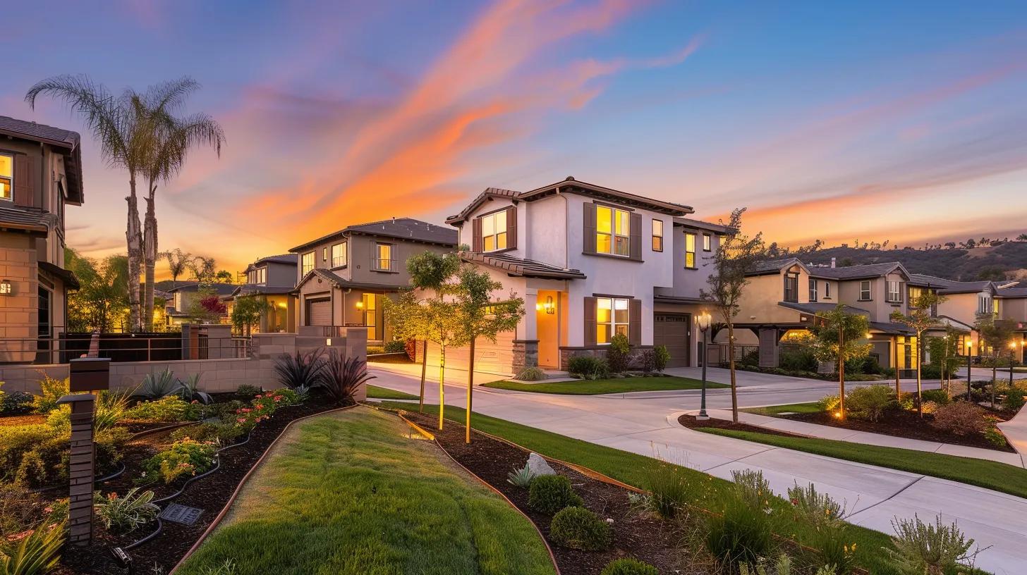 a serene panorama of a well-maintained suburban neighborhood at sunset, showcasing diverse homes with lush landscaping, symbolizing the long-term stability and resilience of real estate investments.