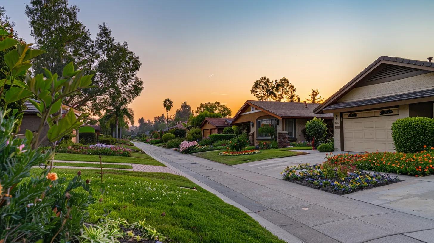 a serene suburban neighborhood at sunset, showcasing a row of well-maintained rental properties with vibrant gardens, symbolizing the stability and potential of passive income through real estate investments.