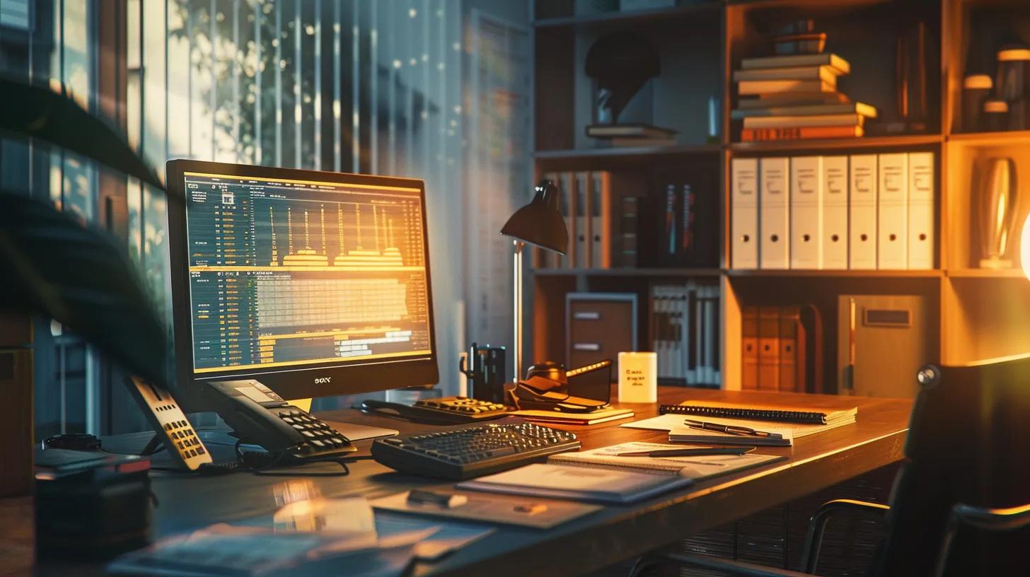 a sleek, modern workspace featuring a glowing screen displaying advanced real estate investment software, surrounded by open books and calculators, bathed in warm, natural light. a sleek, modern workspace featuring a glowing screen displaying advanced real estate investment software, surrounded by open books and calculators, bathed in warm, natural light.