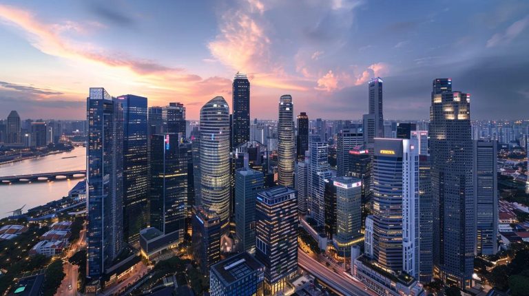 a striking high-angle view of a modern urban skyline, illustrating the contrast between historic architecture and contemporary buildings, bathed in golden hour light to symbolize the potential for maximizing returns through effective property valuation techniques.