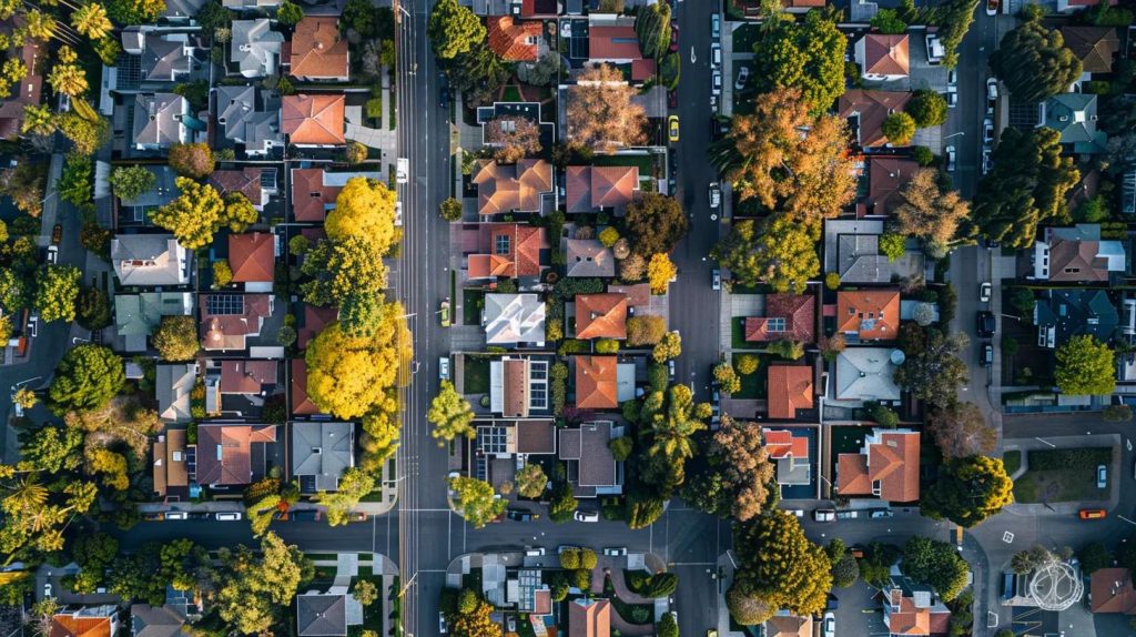 a stunning aerial view of a vibrant urban skyline, showcasing diverse neighborhoods with varying property types, reflecting the dynamic relationship between location and investment potential in real estate.