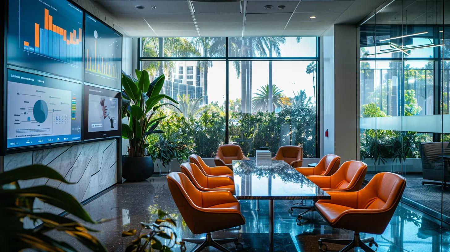 a vibrant and modern real estate office interior, illuminated by natural light, showcasing a sleek workspace adorned with trending digital marketing charts and a large screen displaying dynamic seo strategies for elevating online branding. a vibrant and modern real estate office interior, illuminated by natural light, showcasing a sleek workspace adorned with trending digital marketing charts and a large screen displaying dynamic seo strategies for elevating online branding.