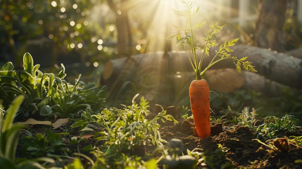 a vibrant carrot standing triumphantly in a lush garden, illuminated by golden sunlight, symbolizing the growth and potential of real estate seo strategies.