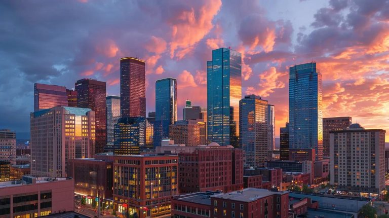 a vibrant city skyline at sunset, symbolizing the lucrative potential of rental investments, with modern high-rise buildings reflecting golden hues against a dramatic sky.