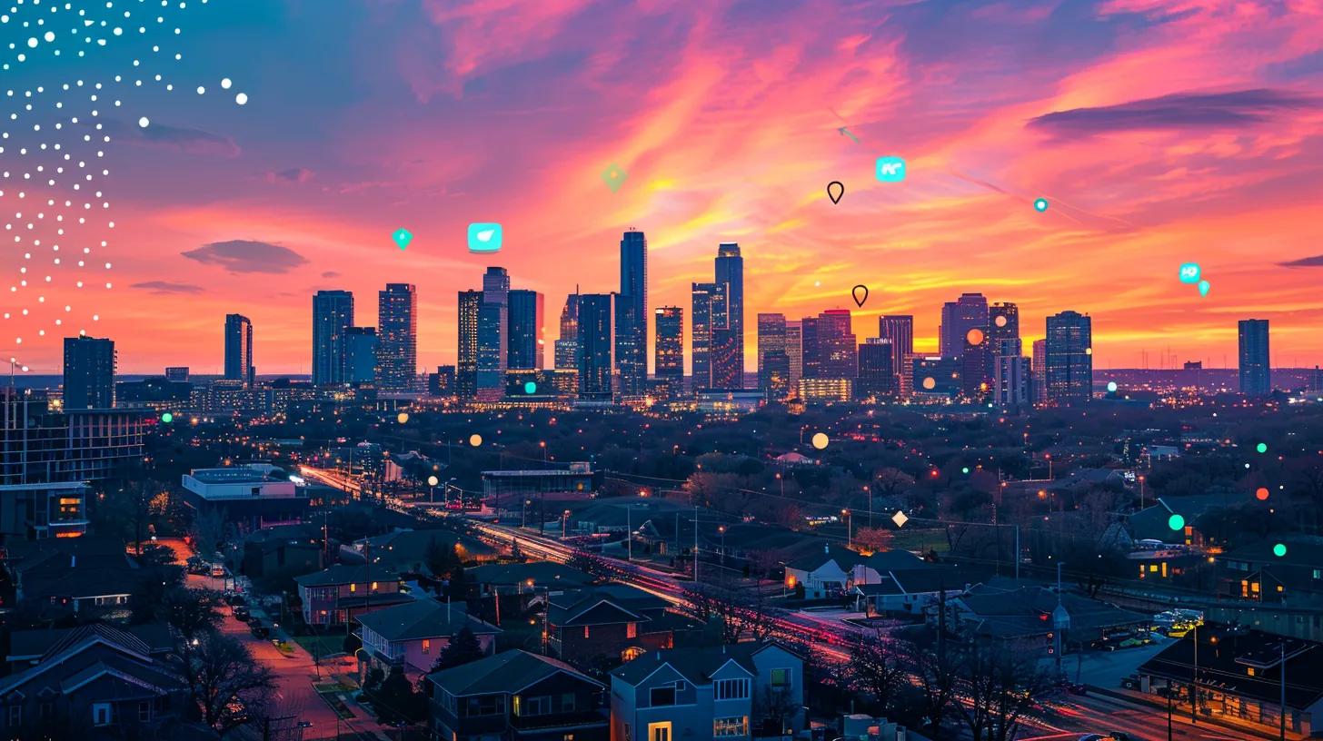 a vibrant city skyline at sunset serves as a backdrop for a dynamic digital marketing scene, where social media icons and email notifications burst forth in glowing colors, symbolizing the energetic promotion of a real estate blog. a vibrant city skyline at sunset serves as a backdrop for a dynamic digital marketing scene, where social media icons and email notifications burst forth in glowing colors, symbolizing the energetic promotion of a real estate blog.