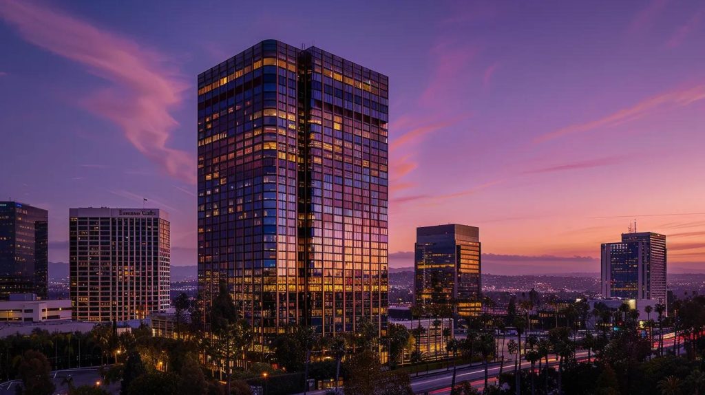 a vibrant city skyline at dusk, showcasing a luxurious high-rise building with illuminated windows, symbolizing the unlocking of potential in real estate strategies.