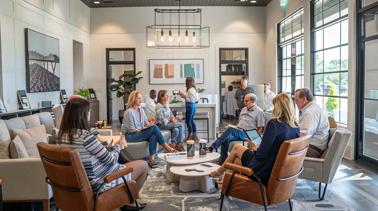 a vibrant, inviting real estate office filled with engaged clients exchanging positive testimonials, bathed in warm, natural light to convey a sense of trust and community.