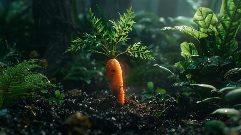 a vibrant orange carrot planted in rich, dark soil, surrounded by flourishing greenery, symbolizes growth and prosperity in the real estate market.