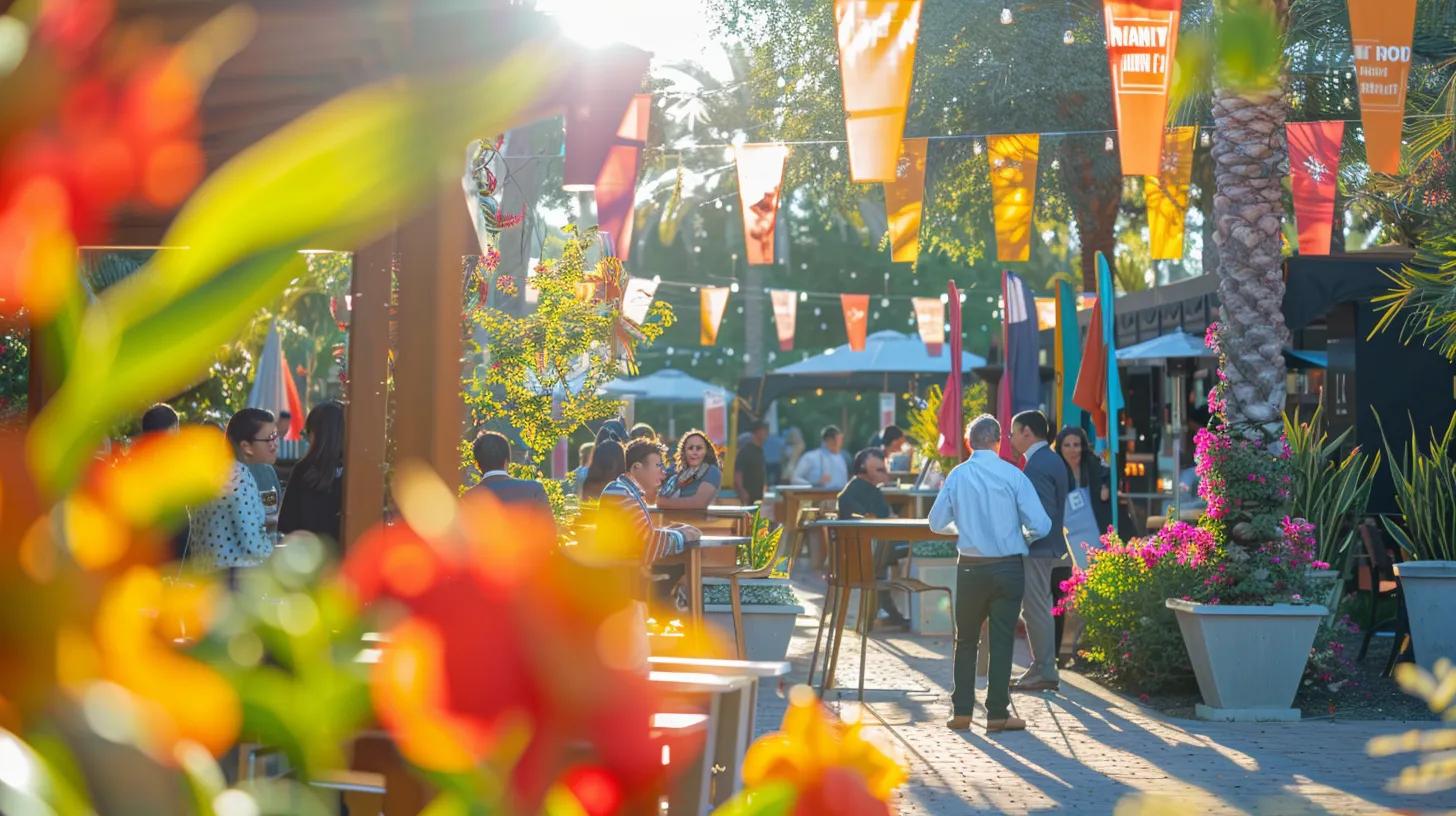 a vibrant outdoor real estate networking event, featuring agents engaging in lively conversations amidst colorful banners and blooming flowers, set under bright, inviting sunlight. a vibrant outdoor real estate networking event, featuring agents engaging in lively conversations amidst colorful banners and blooming flowers, set under bright, inviting sunlight.