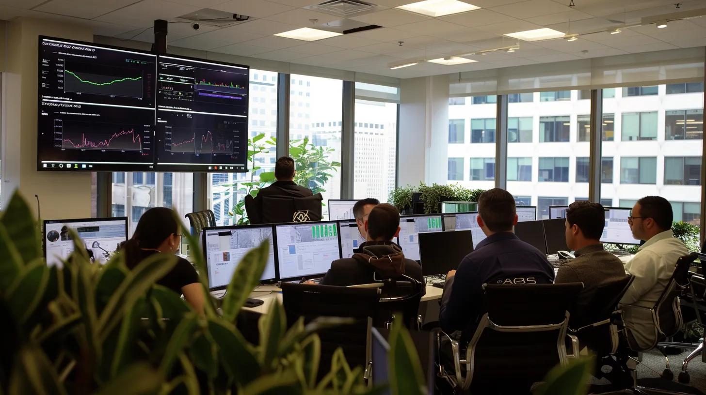 a visually engaging office space filled with modern real estate professionals collaborating over digital screens displaying analytics and seo graphs, illuminated by soft natural light filtering through large windows. a visually engaging office space filled with modern real estate professionals collaborating over digital screens displaying analytics and seo graphs, illuminated by soft natural light filtering through large windows.