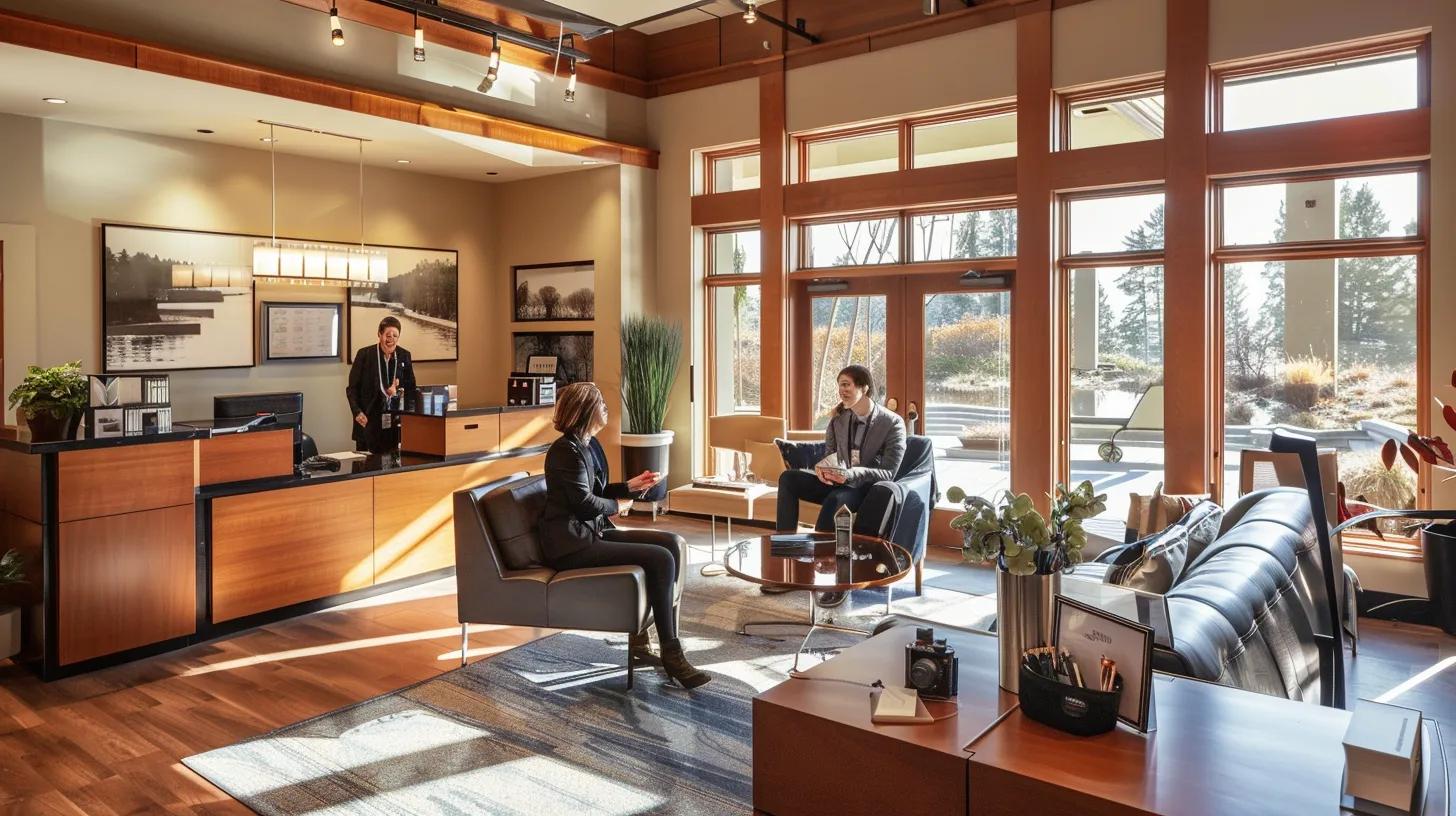 a welcoming real estate office bathed in warm, natural light, showcasing a friendly agent engaging with a satisfied client, surrounded by personalized touches that symbolize exceptional customer service and strong client relationships.