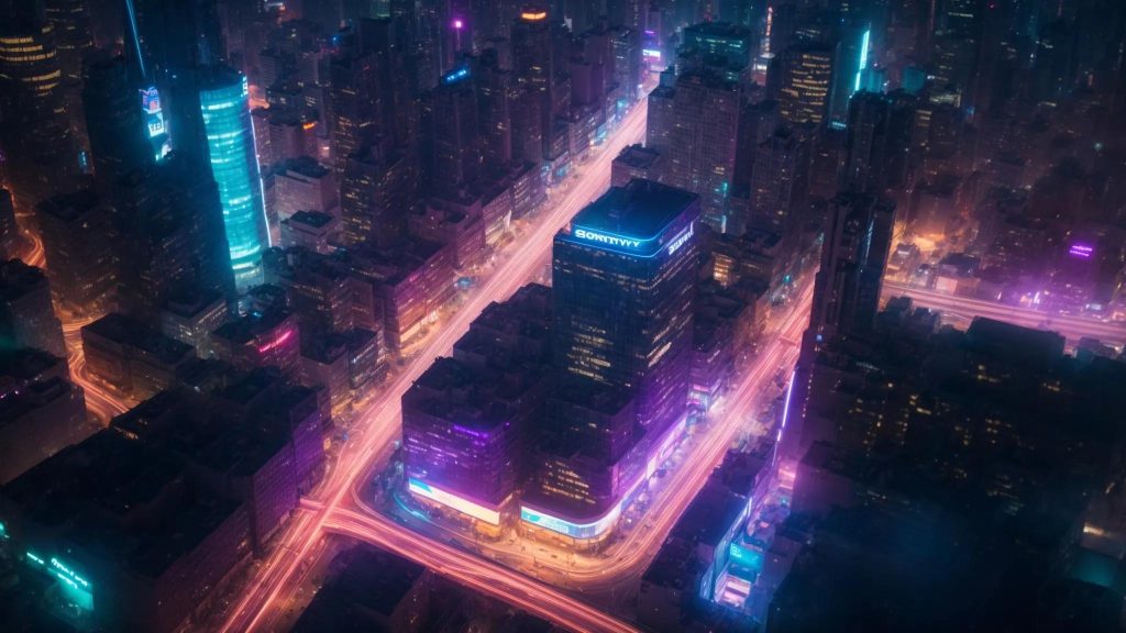 a dynamic and futuristic cityscape illuminated by neon lights, symbolizing the innovative strategies and triumphs in navigating seo challenges for success in 2025.