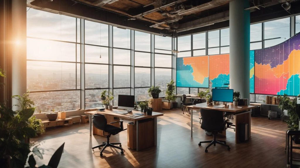 a dynamic and vibrant workspace filled with colorful charts and maps, capturing the essence of efficient keyword research across diverse locations, illuminated by soft, natural light filtering through large windows.