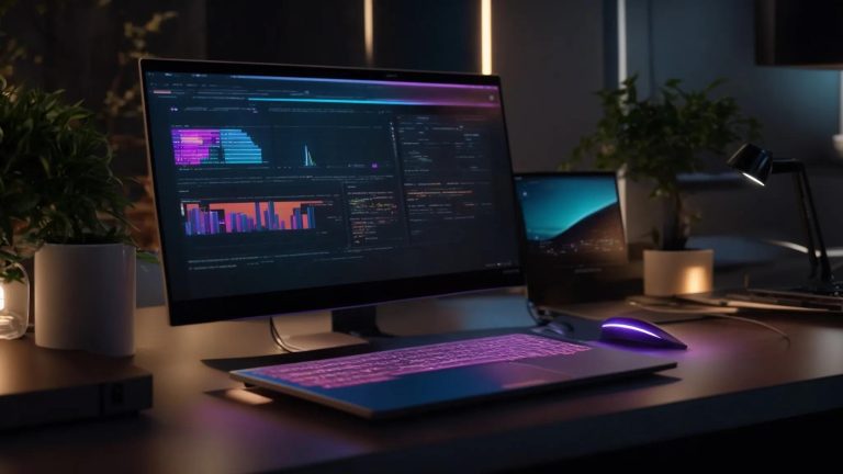 a dynamic workspace featuring a sleek laptop illuminated by soft natural light, surrounded by vibrant seo-related infographics and tools, symbolizing the future of content writing in 2025.