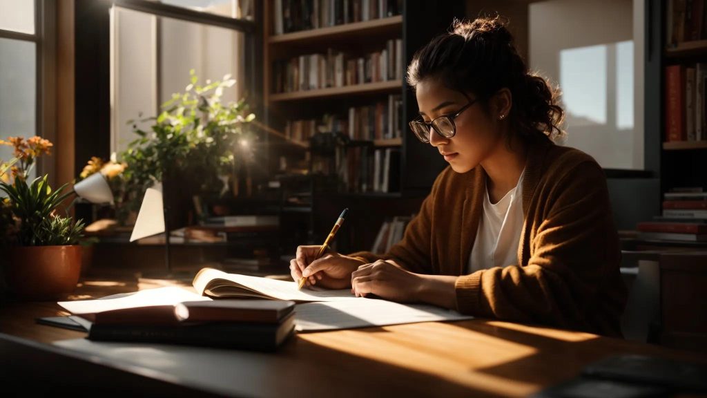 a focused writer sits at a sunlit desk, surrounded by vibrant books and a glowing laptop, embodying the essence of creativity and mastery in the art of writing.