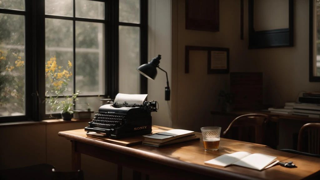 a luminous workspace brimming with open books and scattered notes, featuring a vintage typewriter bathed in soft, natural light, embodies the essence of enhancing writing skills through improved paragraph readability.