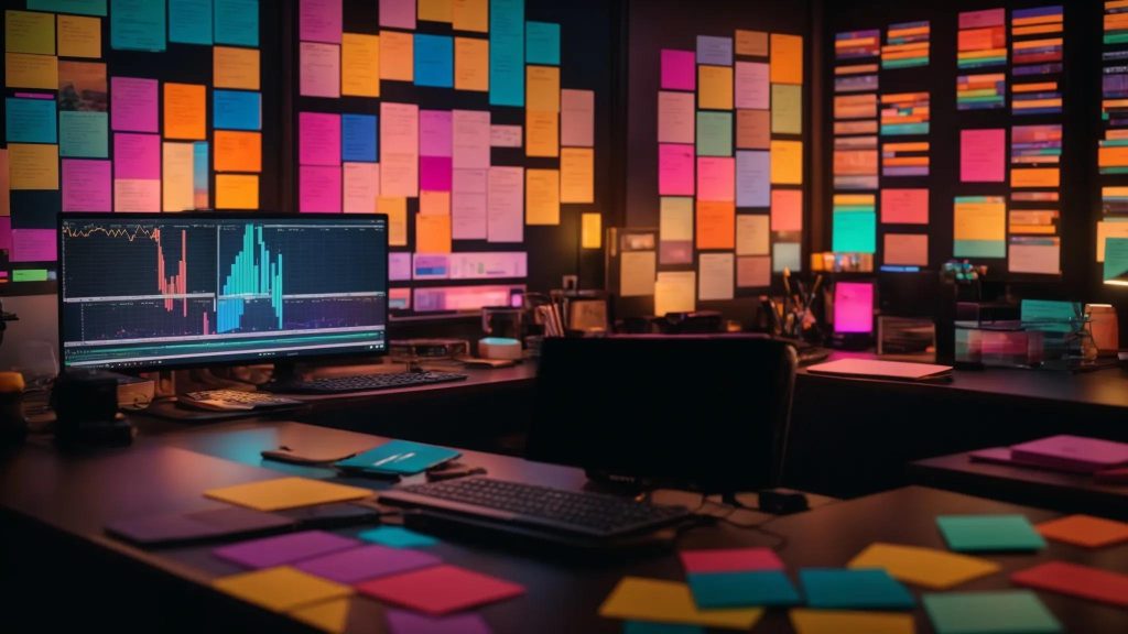 a vibrant, focused workspace filled with a glowing laptop screen displaying analytics charts, surrounded by colorful post-its, symbolizing the mastery of seo without keyword stuffing.