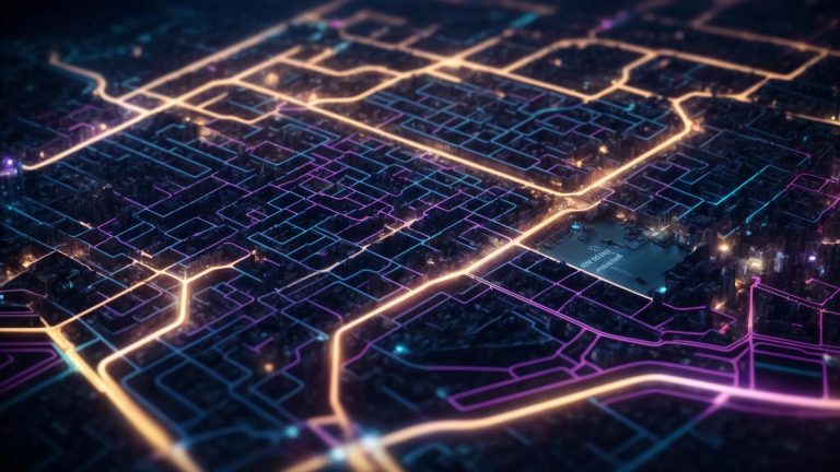 a visually captivating digital map intricately illustrates an effective internal linking strategy, with vibrant connections illuminating pathways through a maze of content, set against a sleek, dark background.