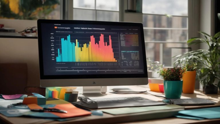 a vibrant workspace filled with colorful charts and graphs, showcasing the dynamic concept of low competition keywords for seo success, illuminated by soft natural light filtering through a nearby window.